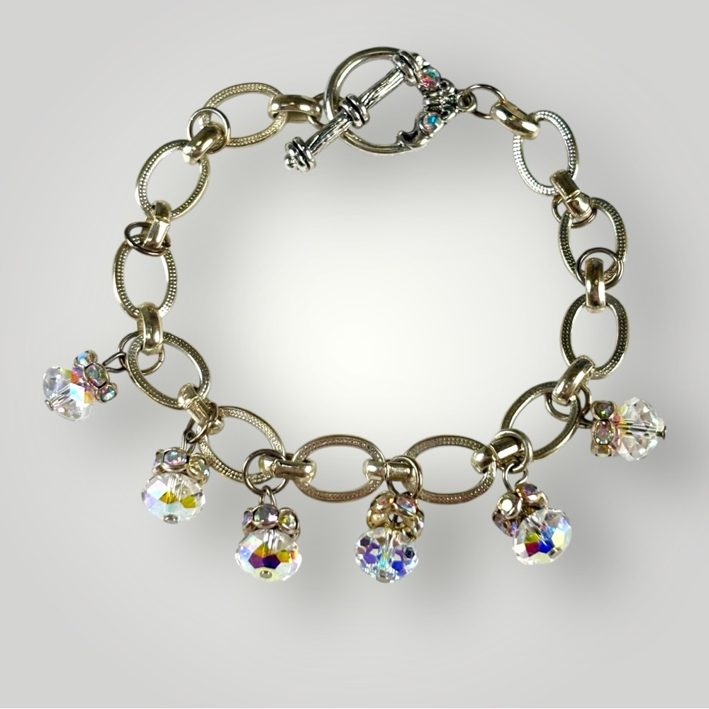 Silver Chain Bracelet Dangle Art Glass Beads Toggle Clasp